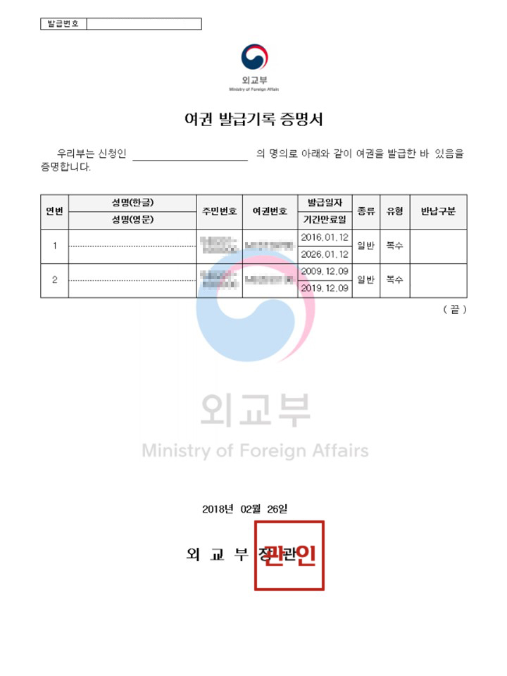 여권 발급기록 증명서 국문