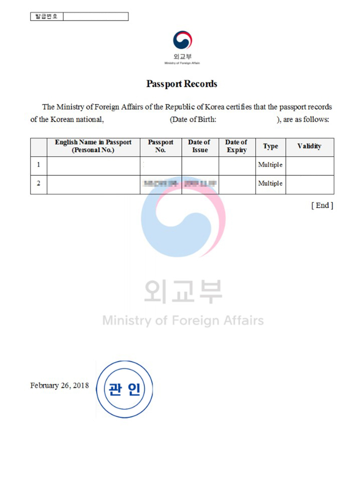 여권 발급기록 증명서 영문